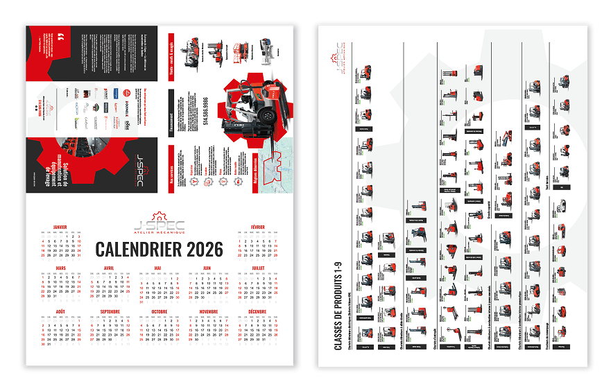 Calendrier corporatif et affiche des produits conçus pour J-SPEC Atelier Mécanique afin de présenter sa gamme de chariots élévateurs et équipements de manutention.