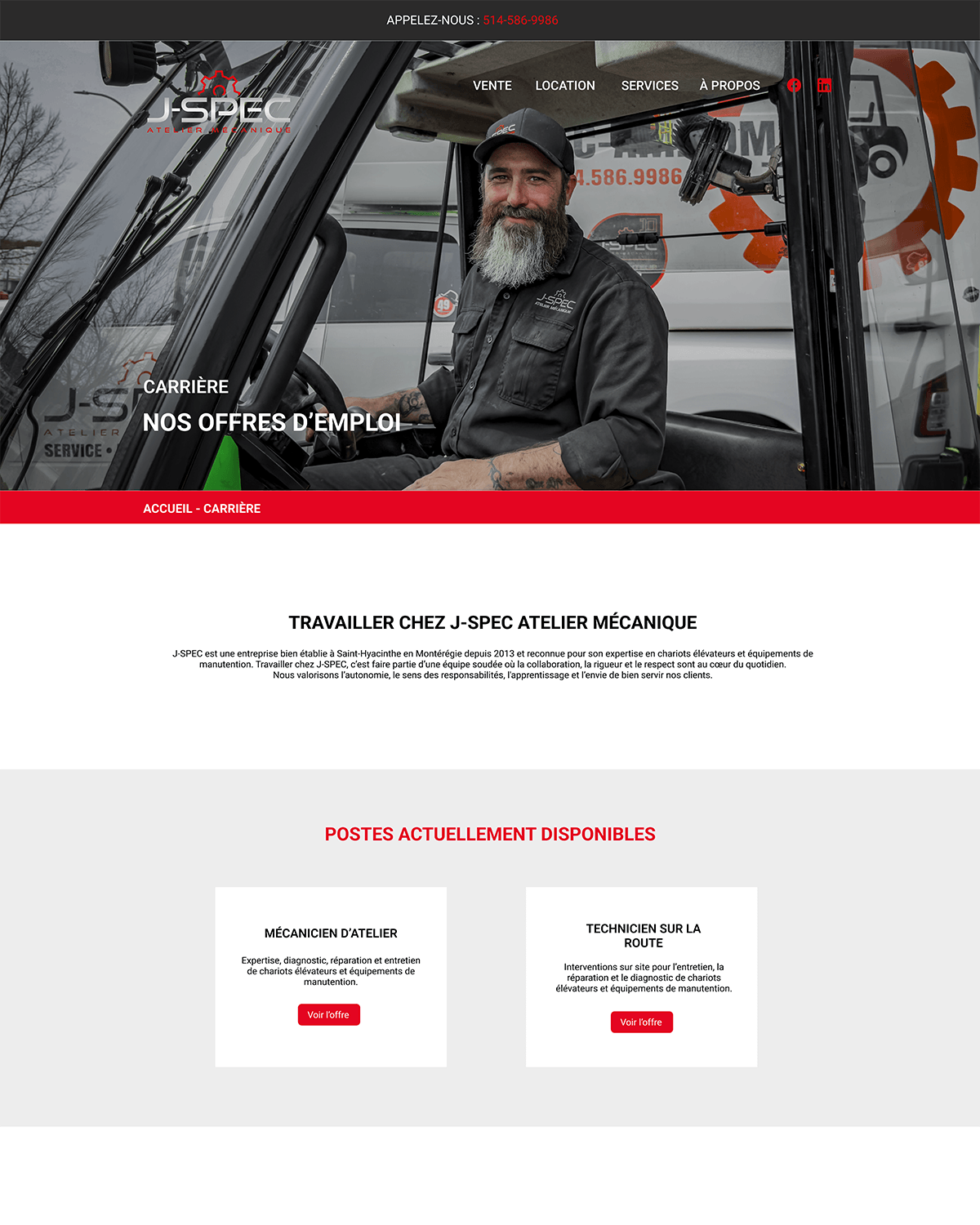 Page Carrières du site web J-SPEC Atelier Mécanique présentant les offres d'emploi en mécanique industrielle et en entretien de chariots élévateurs.