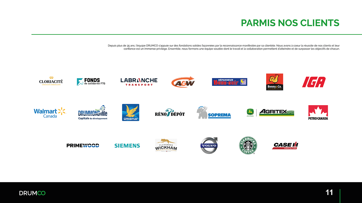 Page présentant les principaux clients de Drumco Construction dans les secteurs commercial, industriel et institutionnel.