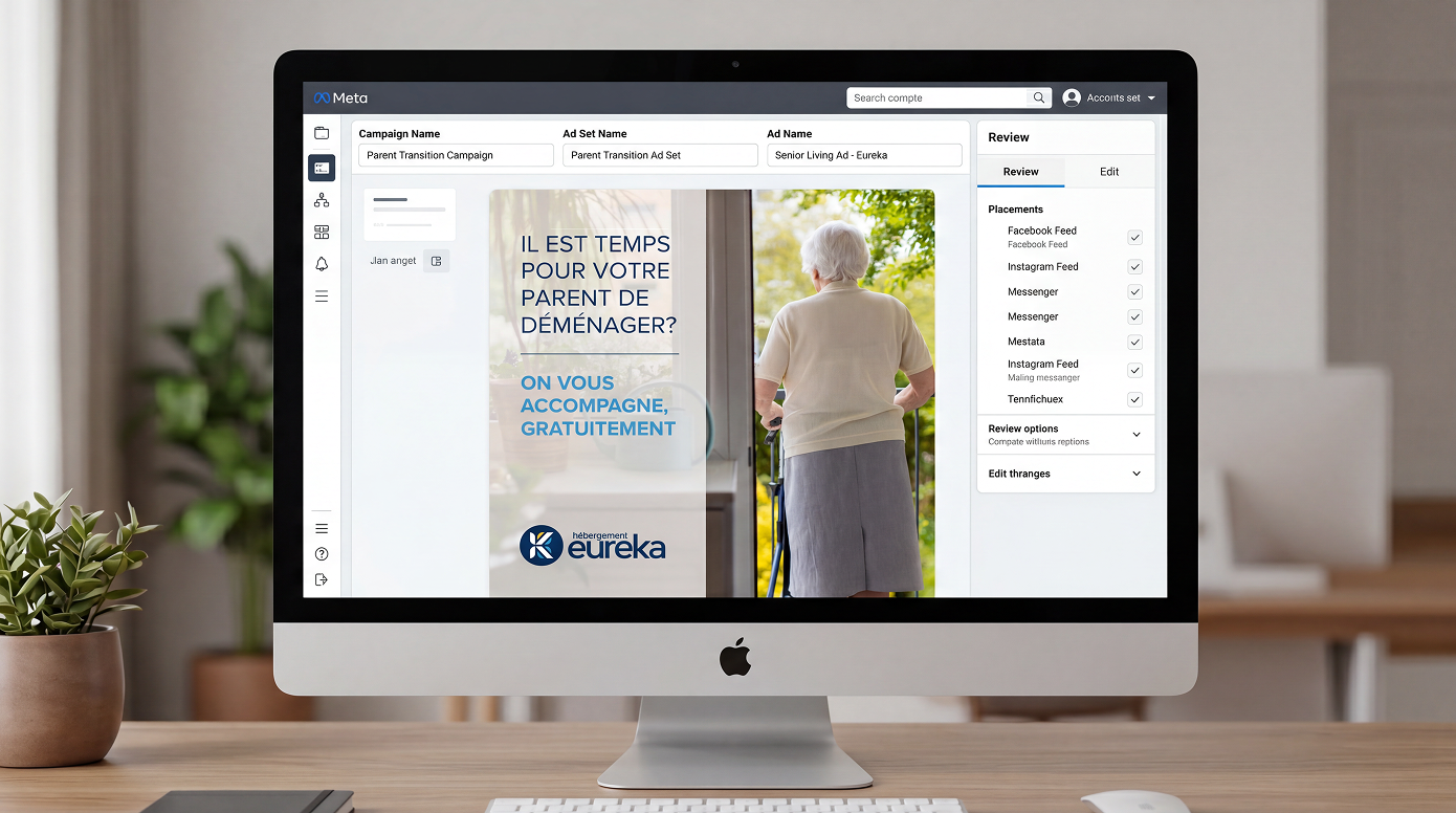 Configuration d'une campagne Meta Ads dans le Gestionnaire de publicités Facebook pour Hébergement Eureka avec aperçu d'une publicité destinée aux familles recherchant une résidence pour aînés.