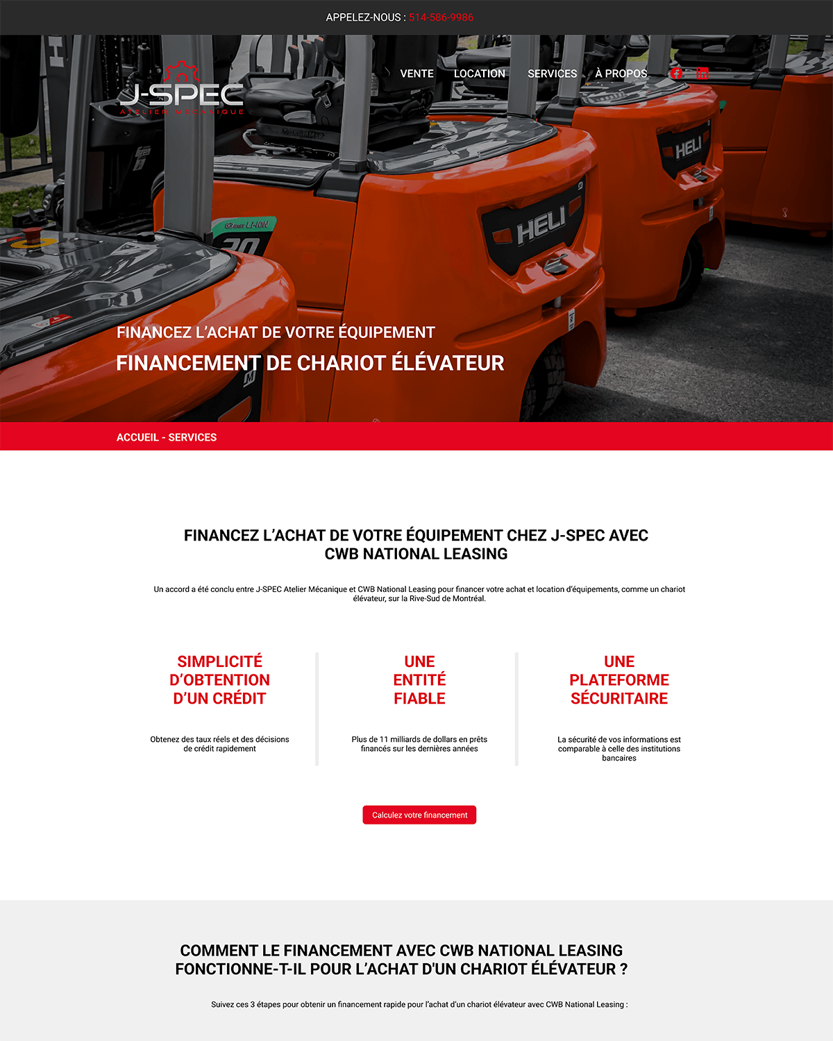 Page de financement de chariots élévateurs réalisée pour J-SPEC Atelier Mécanique en partenariat avec CWB National Leasing.