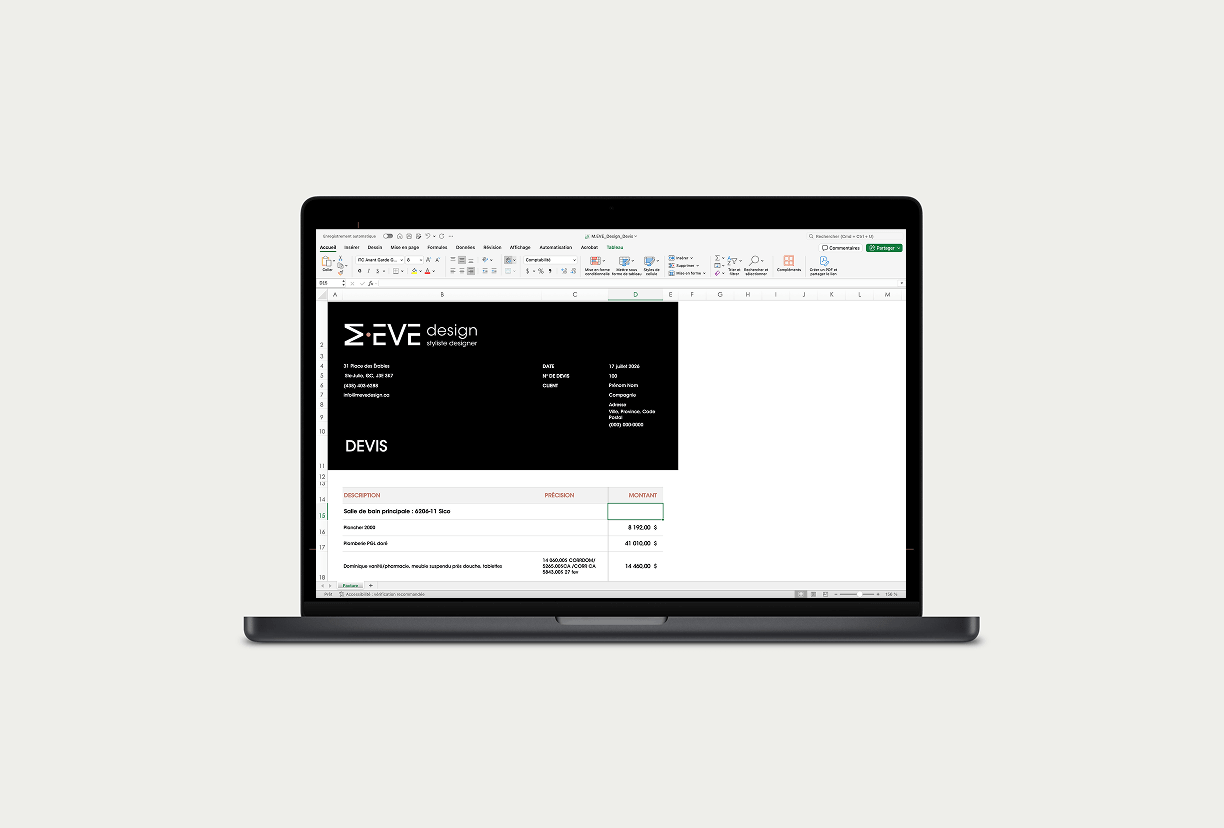 Modèle de devis personnalisé conçu pour M.EVE Design afin d'uniformiser les soumissions remises aux clients.