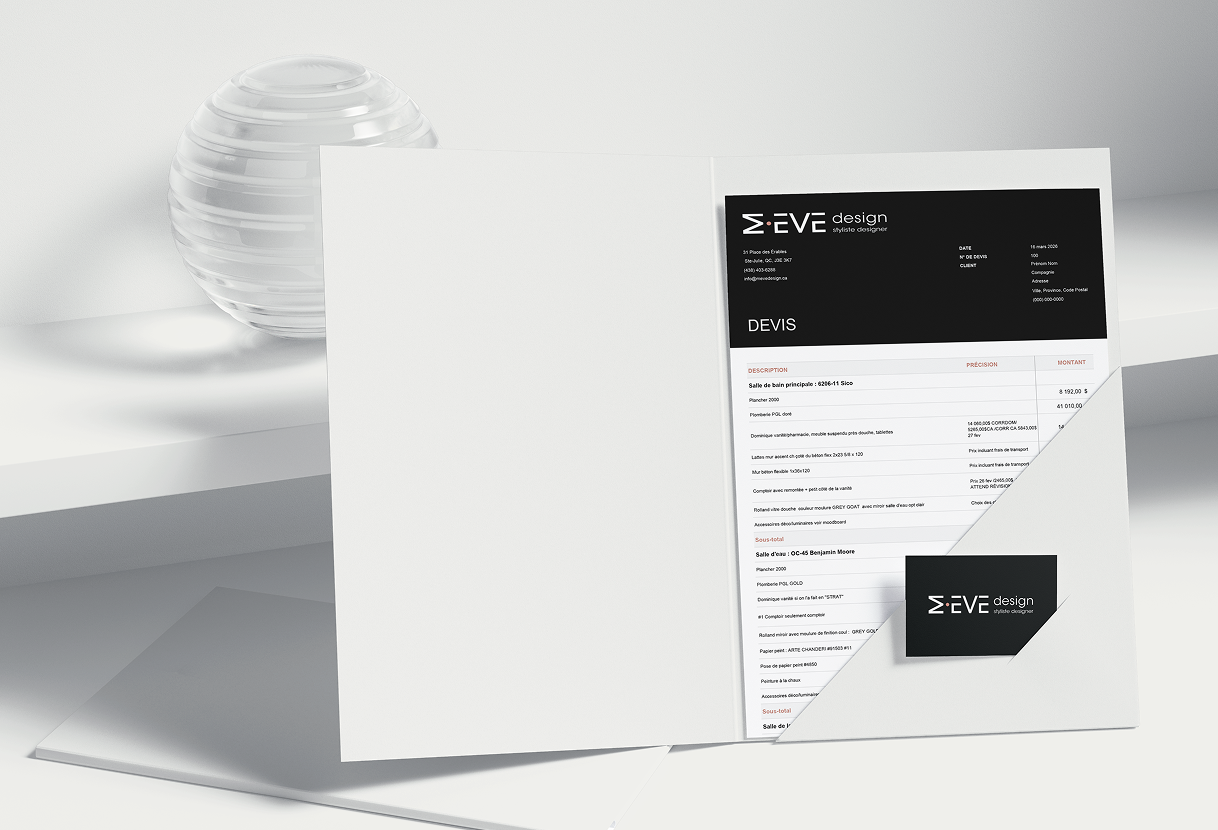 Papeterie corporative comprenant une chemise de présentation, un devis et une carte professionnelle conçus pour M.EVE Design.