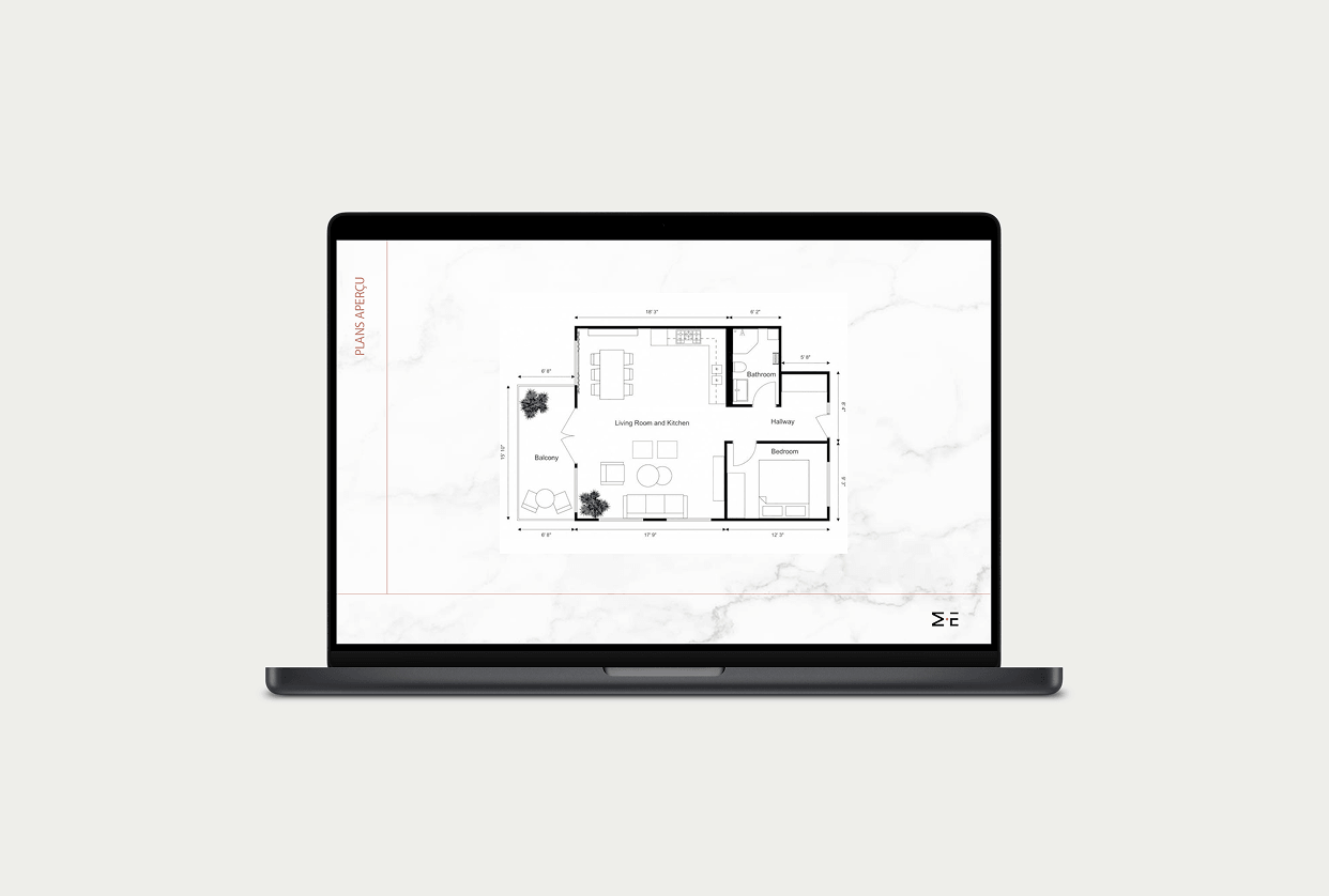 Plan d'aménagement intérieur présenté dans un document professionnel conçu pour M.EVE Design.