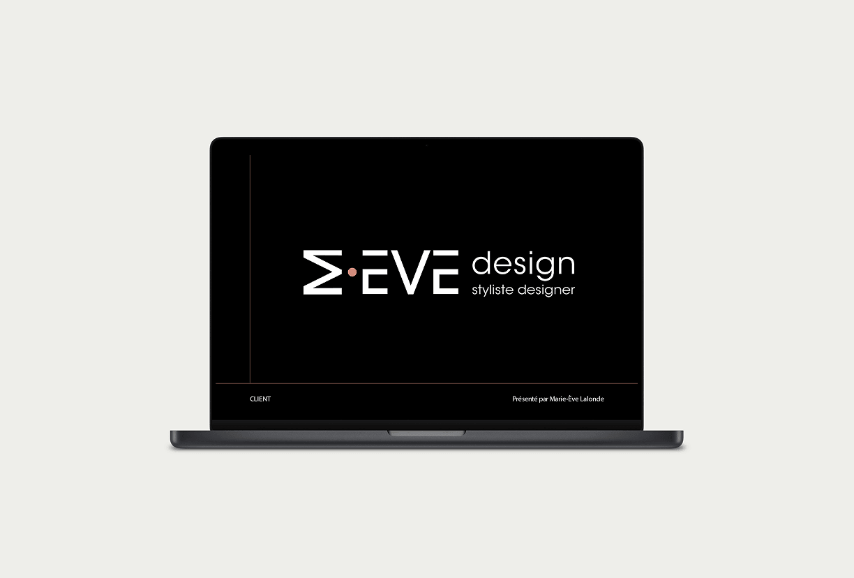Couverture de la présentation client conçue pour M.EVE Design, styliste designer.
