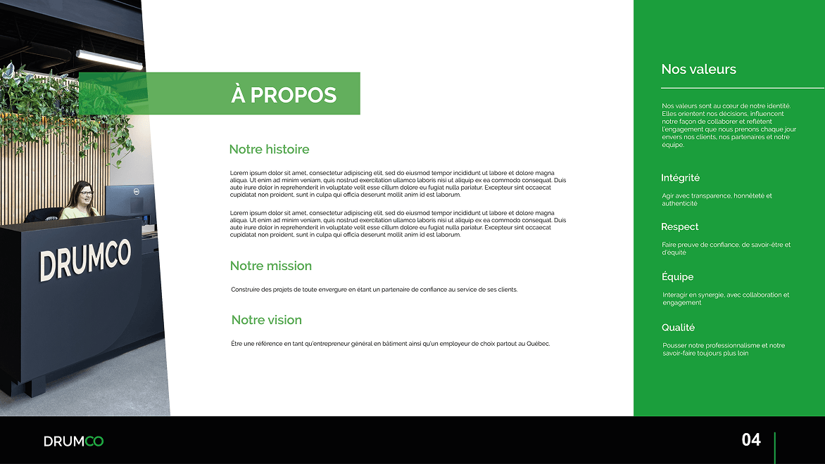 Page de présentation de Drumco Construction décrivant son histoire, sa mission, sa vision et ses valeurs.
