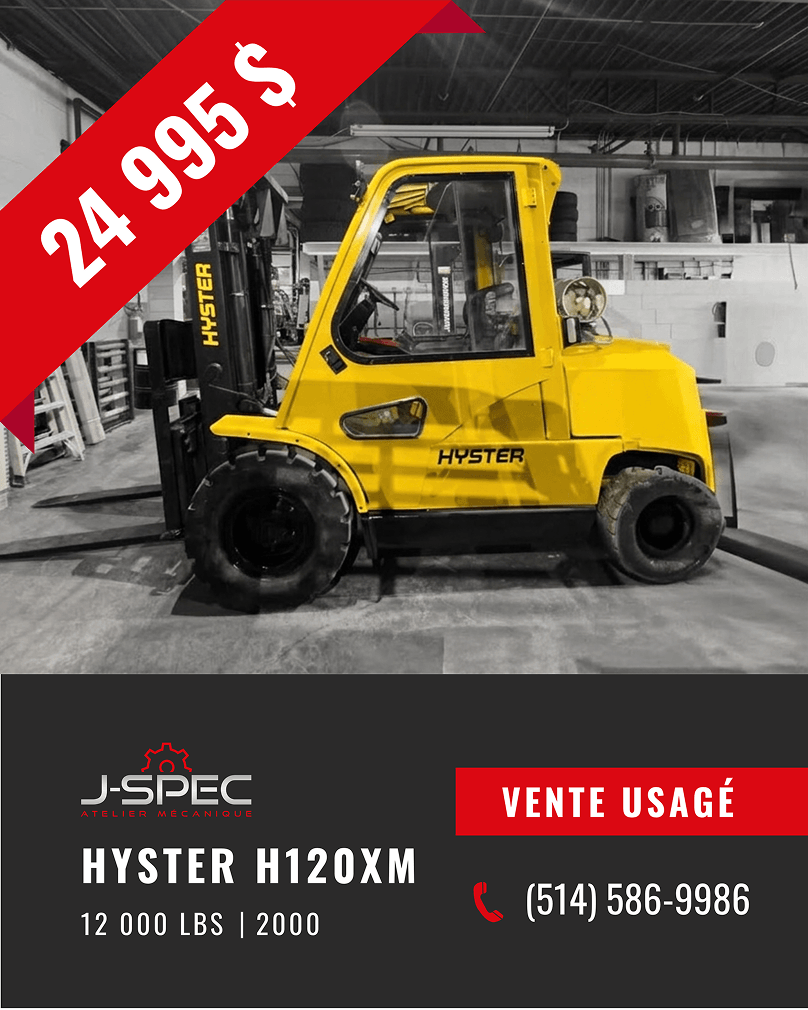 Publication Facebook présentant un chariot élévateur Hyster usagé disponible chez J-SPEC Atelier Mécanique.