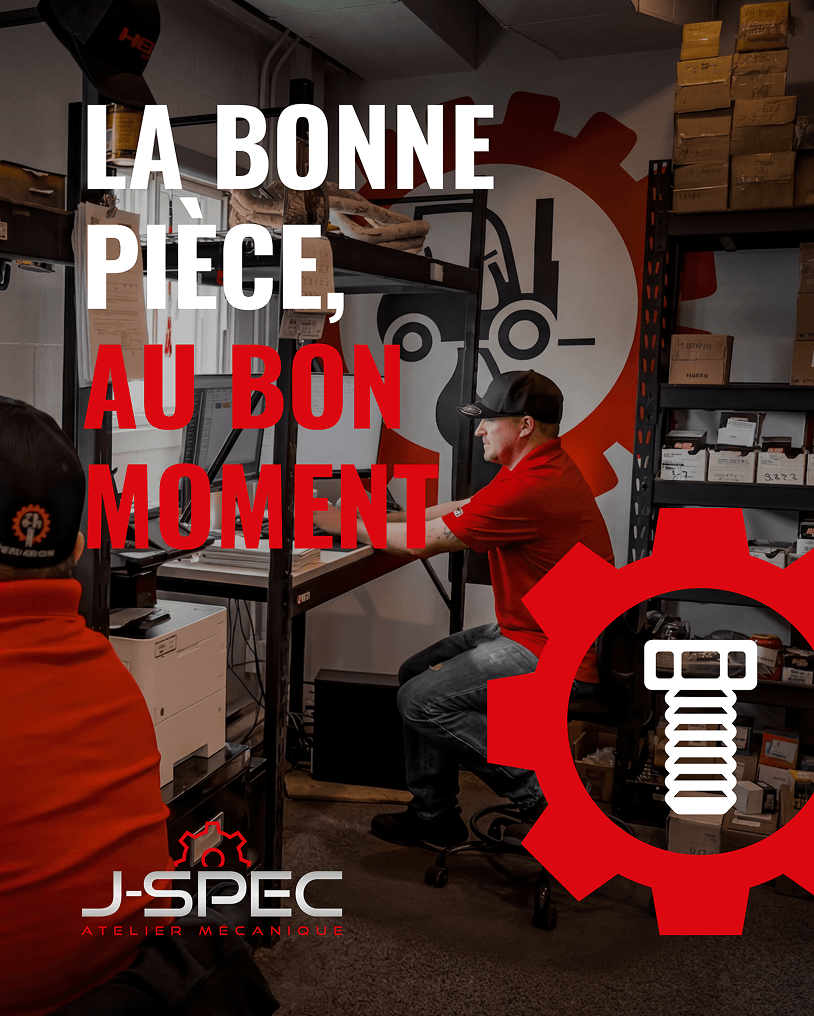 Publication Facebook mettant en valeur le service de pièces pour chariots élévateurs offert par J-SPEC Atelier Mécanique.