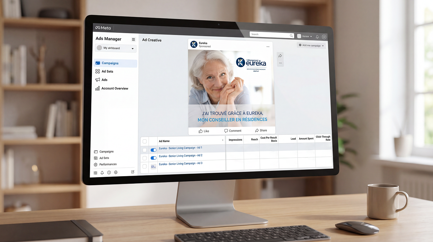 Publicité Meta mettant en valeur un témoignage client pour Hébergement Eureka.