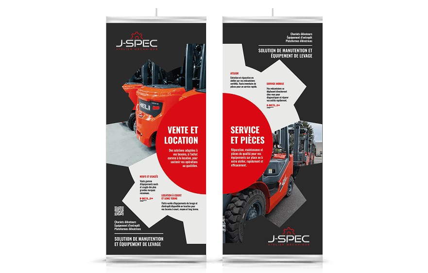 Roll-up publicitaire conçu pour promouvoir les services de vente, location, entretien et réparation de chariots élévateurs de J-SPEC Atelier Mécanique.