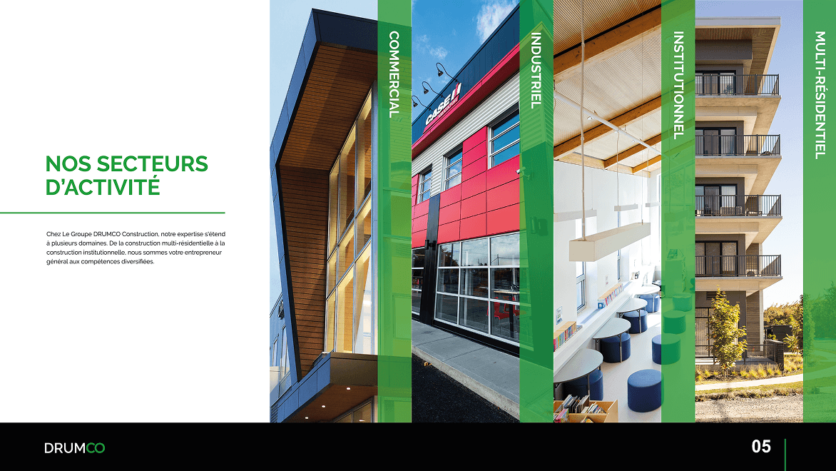 Présentation des secteurs d'activité de Drumco Construction : commercial, industriel, institutionnel et multirésidentiel.