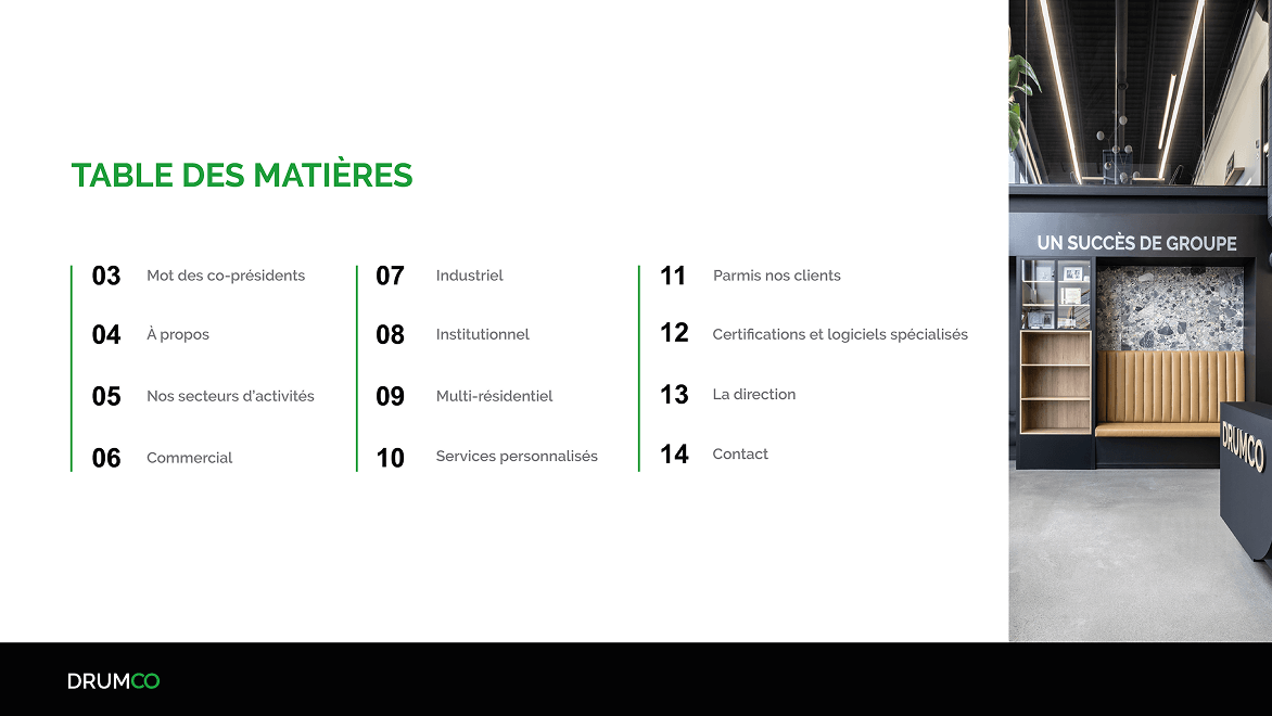 Table des matières de la brochure corporative de Drumco Construction présentant les sections de l'entreprise, ses secteurs d'activité et ses services.